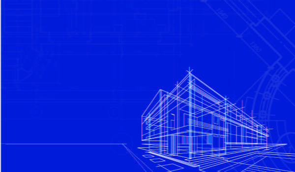 Line drawing of a house under construction on a dark blue background