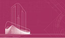 Line drawing of a building on a plum coloured background