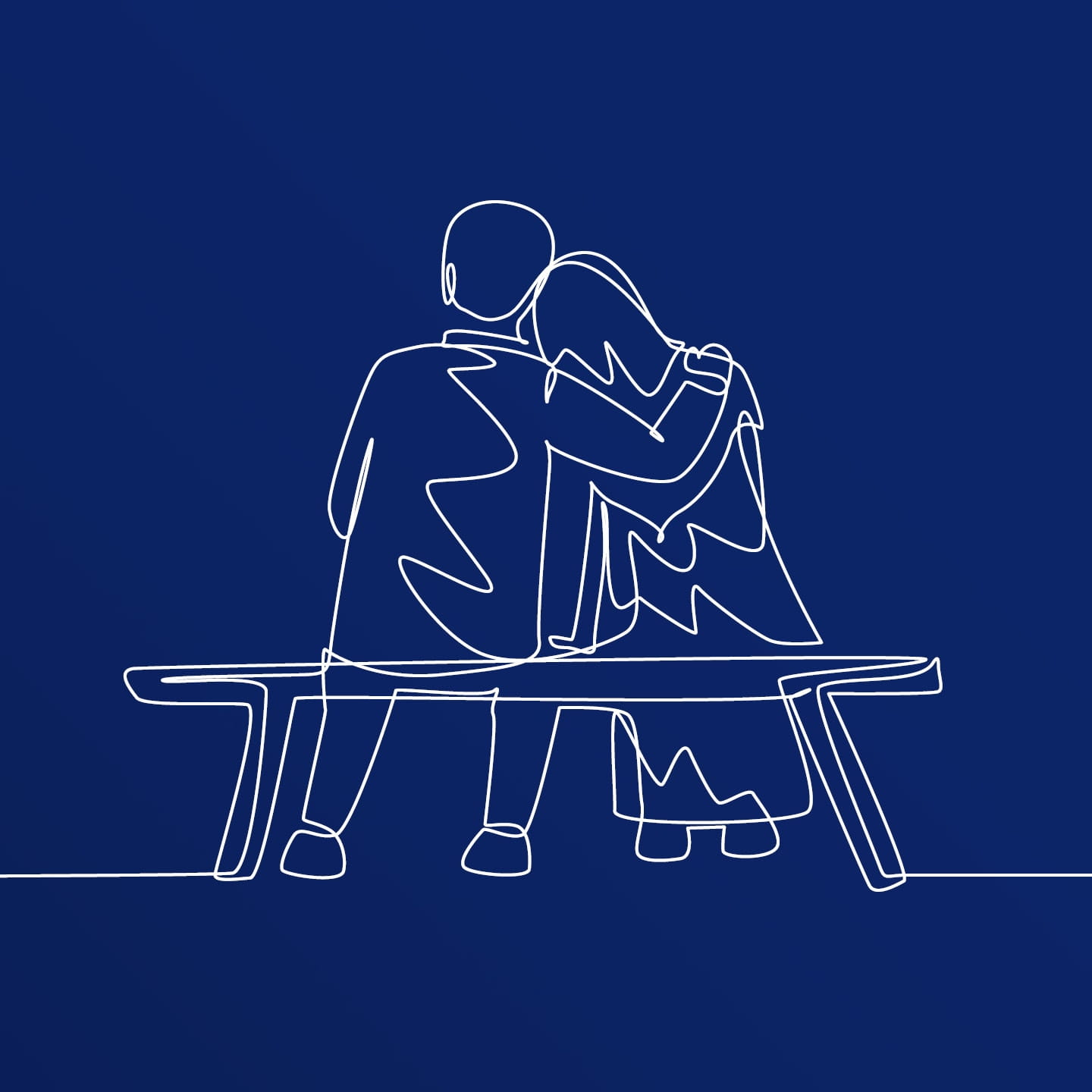 Two people sitting on a bench hugging - line drawing