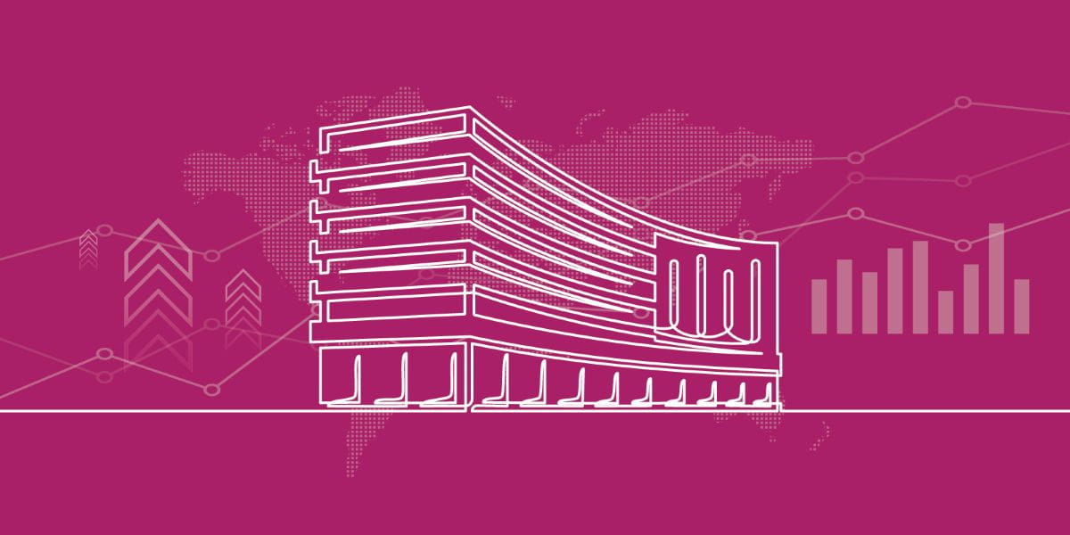 Line drawing of a building against pink background