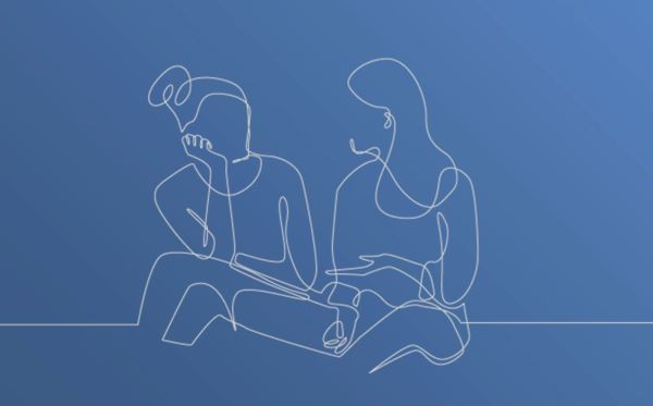 Line drawing of two women sitting and talking with blue background