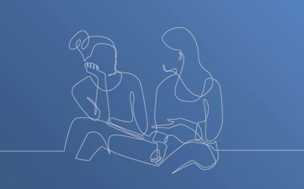 Line drawing of two women sitting and talking with blue background