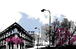 A graphic of a street with a building in the background and street lights